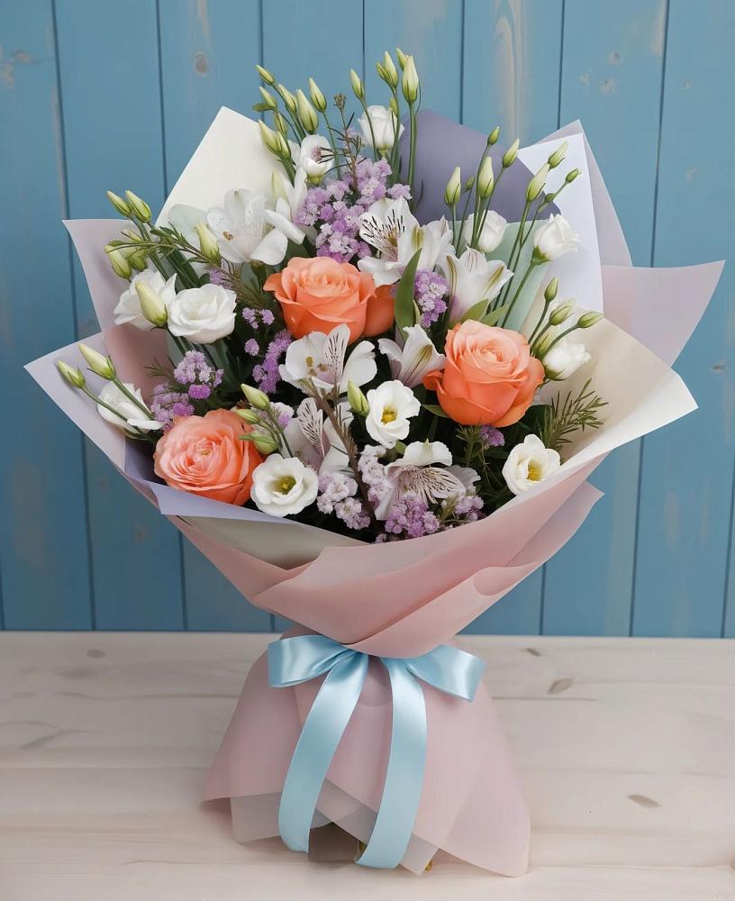 Букет цветов из: Лизиантусы, Розы, Альстромерии и Гипсофила в Иннополисе